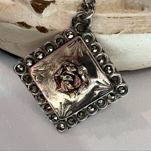 Vintage Silver Handmade 3-D Rose square pendant with Marcasite estate piece